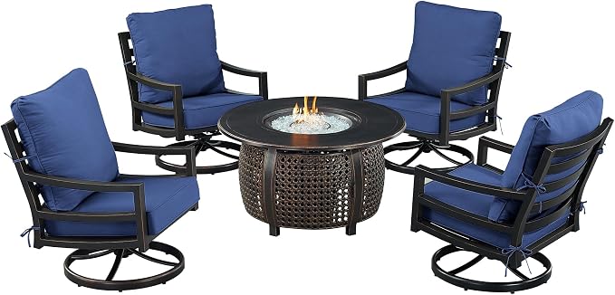 Oakland Living Black Aluminum Patio Fire Table Set with Four Club Chairs with Blue Cushions