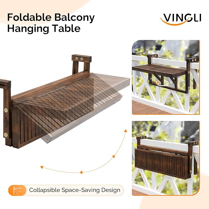 VINGLI 48in Acacia Wood Folding Balcony Hanging Table – Adjustable Height & Width, Balcony Railing Table Ideal for Different Railing Widths, Perfect for Balcony, Patio, Rectangular,Carbonized Color