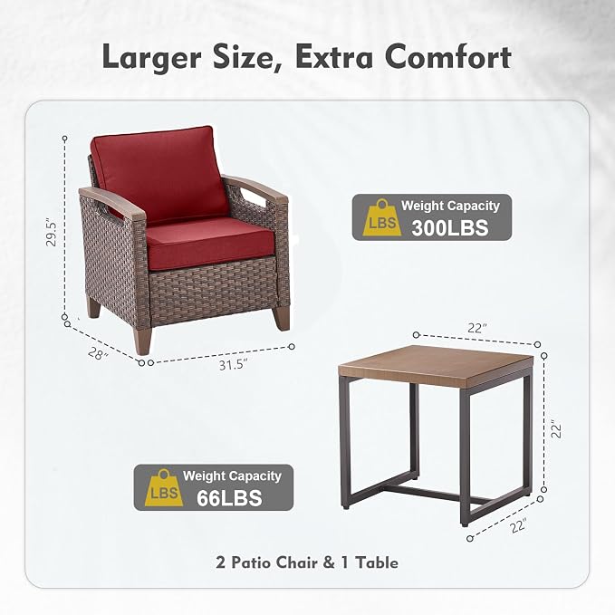 Rilyson Wicker Outdoor Patio Furniture Set of 3, 3 Piece Patio Conversation Set with 2 Chairs and Side Table, Thick Cushions, Deep Seating, for Porch Deck Garden Brown/Red