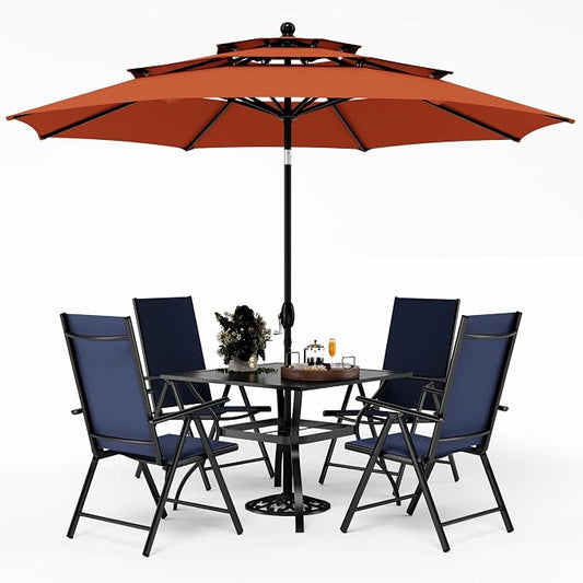 PHI VILLA Outdoor Dining Set with Umbrella for 4, Patio Dining Set with Metal Table and Adjustable Blue Folding Chairs for Yard, Lawn and Garden (Orange Red Umbrella Without Base)