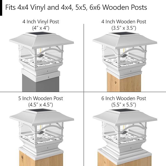 Davinci Edison Solar Outdoor Post Cap Lights, 4x4 5x5 6x6, Metal&Glass, 1PK | Pearl White, fence/deck/garden/patio posts, diecast aluminum & glass, bright 30lm warm white LED, auto-on, 8h, cordless, IP44