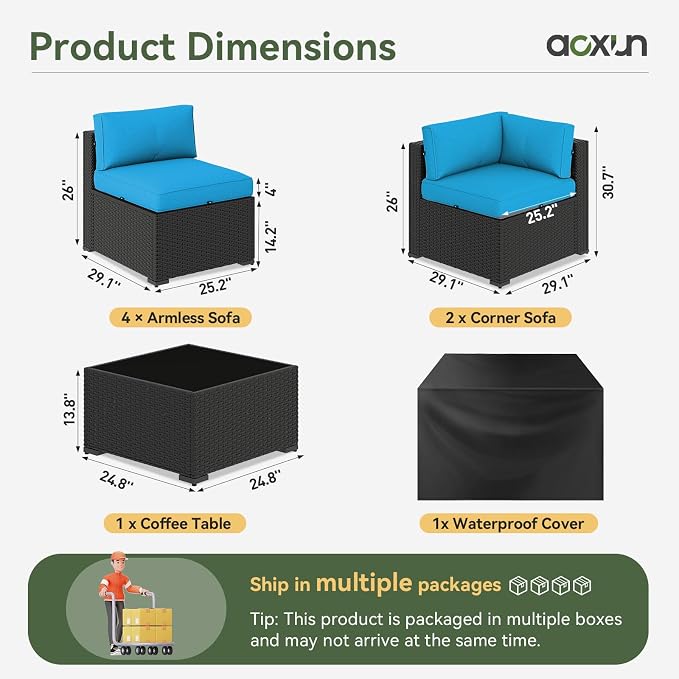 Aoxun 7 Piece Patio Furniture Set, Wicker Rattan Patio Sectional Sofa, Outdoor Furniture Set with Thickened Cushion, Peacock Blue