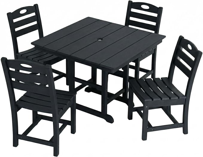 WILLIAMSPACE 37.8" Outdoor Patio Dining Set with 4 Armless Chairs, All Weather HDPE Square Dining Table with Umbrella Hole, Patio 5-Piece Bistro Set for Backyard, Balcony, Lawn, Kitchen (Black)