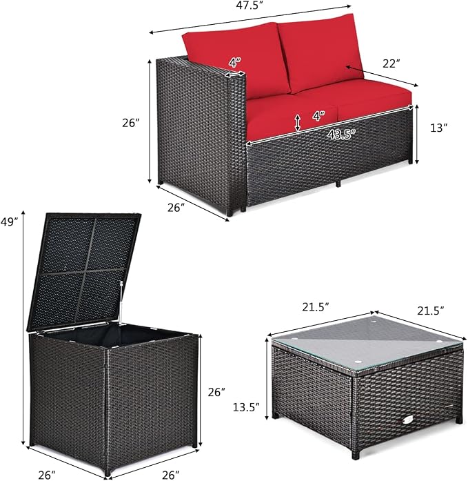 DORTALA 8 Pieces Outdoor Patio Furniture Set, Weather Resistant PE Rattan Conversation Set with Loveseats, Outdoor Sectional Sofa Set with Comfy Cushions for Garden and Poolside, Red