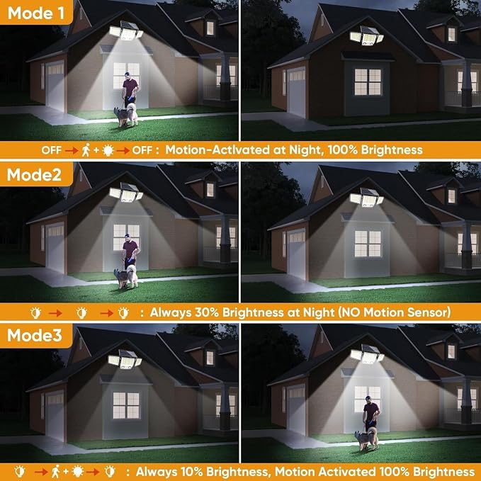 MDCMDCM Solar Motion Sensor Outdoor Lights Waterproof - 3000LM 3 Modes Security Lights Outdoor 270° Illumination IP65 LED Solar Flood Wall Light for Garden Yard Patio Pathway (with Stakes, 3)