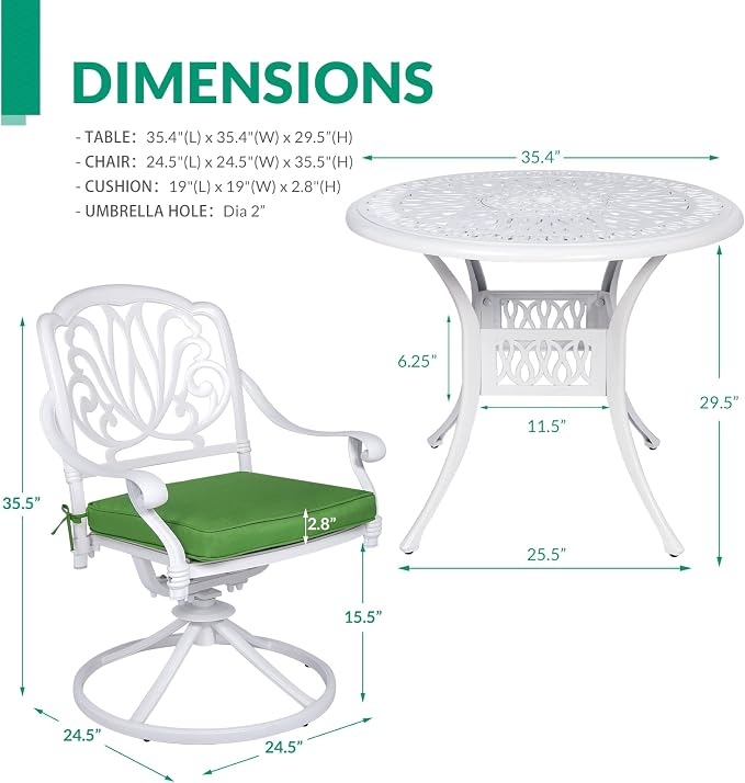 VIVIJASON 5-Piece Outdoor Patio Dining Set, All-Weather Cast Aluminum Conversation Set, Patio Furniture Set for Balcony Lawn Garden, Include 4 Swivel Chairs, 1 Round Table w/Umbrella Hole, White