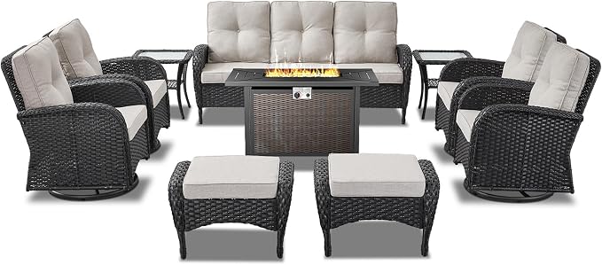 Belord Expansive 10 Pieces Outdoor Patio Furniture Set with 43” Propane Fire Pit Table, Patio Conversation Set with Swivel Rocker Outdoor Chairs Set of 4 and Sofa, Ottoman and Wicker Side Table Black