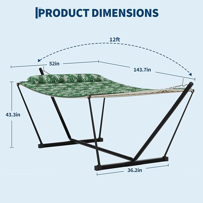 2-Person Hammock Suite with Stand,450lbs Capacity, 2 Person Cotton Rope Portable Hammock with Polyester Quilted Pad and Pillow,for Garden Yard,Camping and Patio.Green Banana Leaf Color