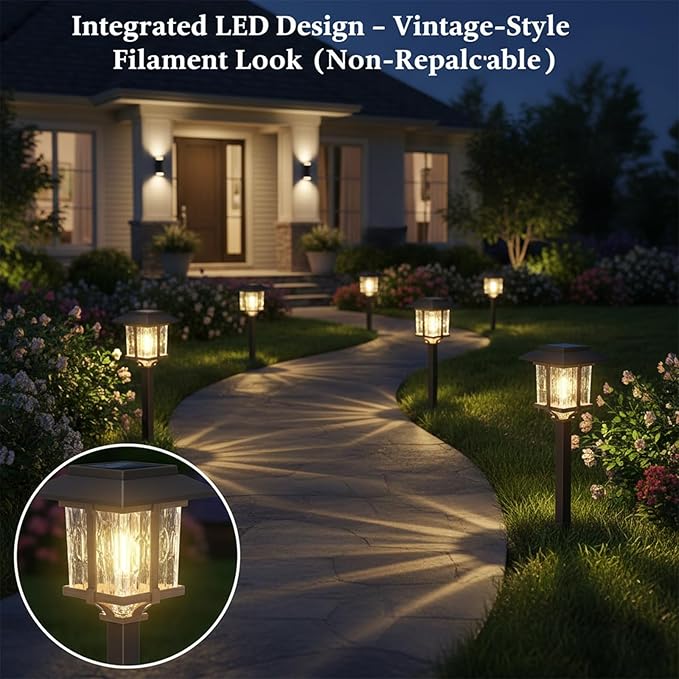 XMCOSY+ Solar Pathway Lights Outdoor, Edison Solar Garden Lights, 4 Pack | IP65 Waterproof, 2-Tone Stainless Steel & Glass, LED Warm White Glow Landscape Lighting for Walkway Yard Patio Driveway Decor