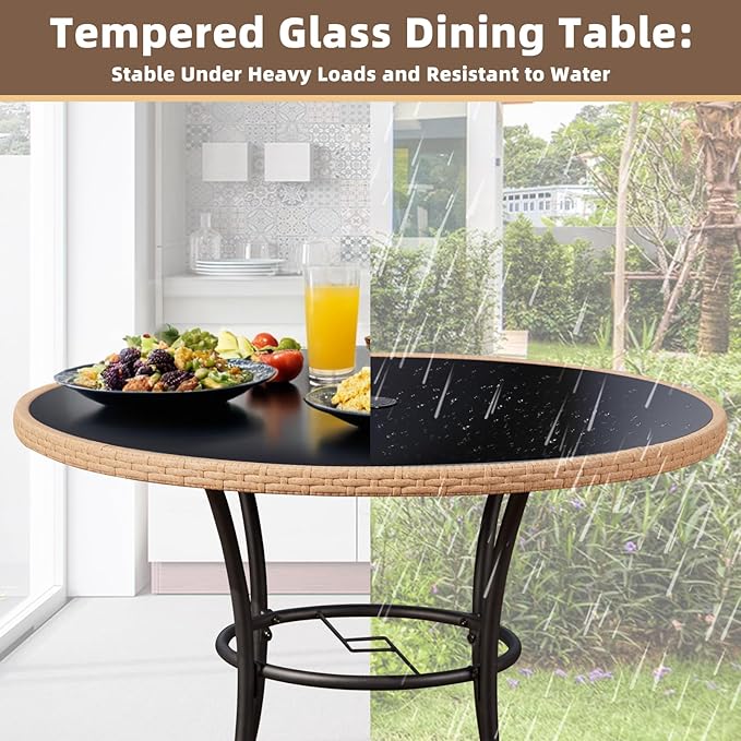 AVAWING 35.6-Inch Round Outdoor Dining Table for 4-6, All-Weather Steel Frame & Glass Tabletop with Umbrella Hole, Patio Furniture for Garden, Backyard, Poolside, Black(Only Table)