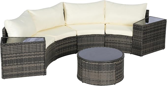KEIKI Outdoor Patio Furniture 7-Piece Half-Moon Curved Sectional Sofa Set, All-Weather Wicker Patio Conversation Set with Round Coffee Table and 2 Storage Armrests for Poolside Backyard, Beige