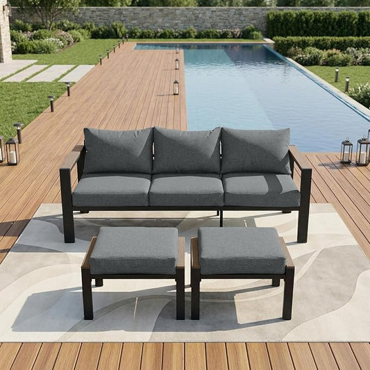 Outdoor Patio Furniture Set 3 Seats Sofa and Ottomans with Washable Thick Cushions, All-Weather Luxury Aluminum Modern Outside Sectional Set for Porch, Balcony, Deck, Yard, Gray