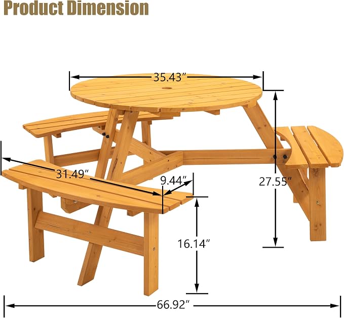 Thanaddo 6-Person Outdoor Circular Wooden Picnic Table, Camping Dining Table w/ 3 Built-in Benches, Outside Table Set with Umbrella Hole, 1720lb Capacity for Garden Patio Backyard - Natural