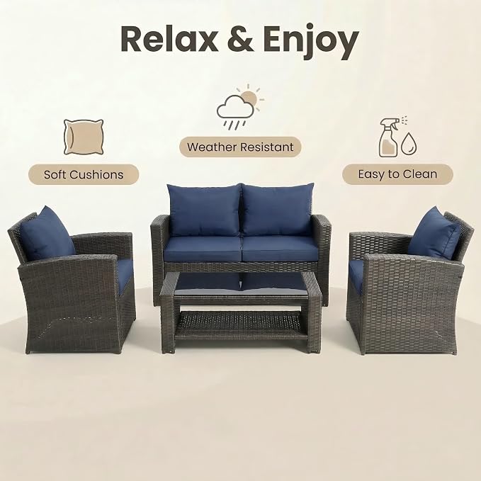 4 Pieces Outdoor Patio Furniture Set, PE Wicker Patio Conversation Set with Cushions and Tea Table, All-Weather Outside Rattan Sectional Sofa for Backyard,Porch, Garden, Balcony, Navy