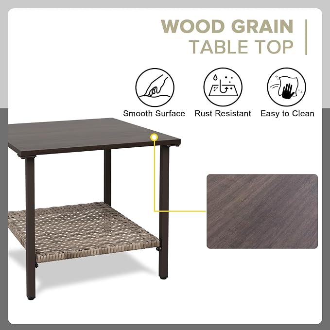 COOS BAY Aurora Terrace Outdoor Side Table, 2 Tier Metal Patio Table with Storage, Wood Grain Top Garden Side Table, All Weather Wicker Furniture