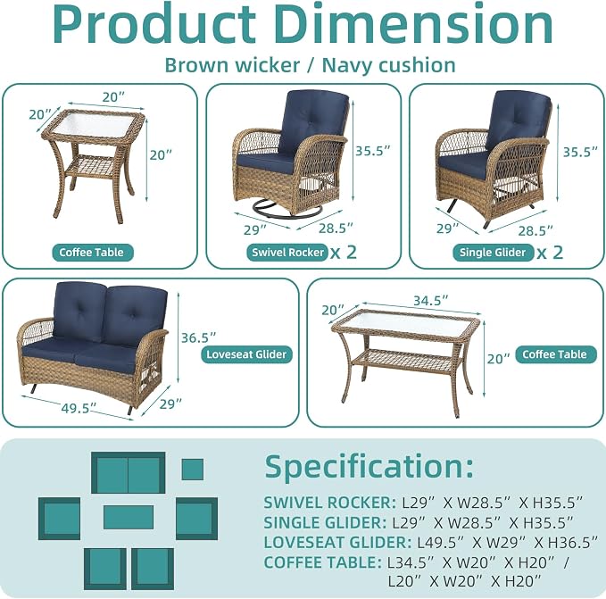 MEETWARM 7 Pieces Outdoor Patio Rattan Furniture Sets, All Weather Patio Wicker Conversation Set- 2 Rocking Glider, 2 Swivel Chairs, 1 Loveseat Glider w/Cushions, 2 Glass-Top Coffee Table, Navy Blue