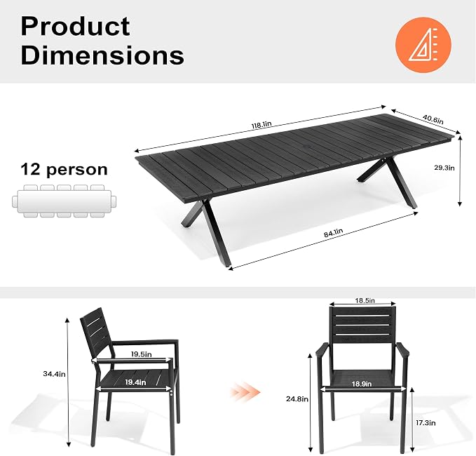 Pellebant 13 Piece Patio Table and Chairs Set for 12, Aluminum Outdoor Dining Set with Umbrella Hole, Stackable Dining Chair & 118" Dining Table, Black