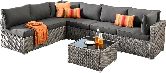 Weaxty 7 Pieces Outdoor Patio Furniture Set,Wicker Sectional Sofa Couch with Thicken Cushion and Glass Coffee Table,All Weather Rattan Patio Conversation Sets for Porch,Poolside,Backyard, Black