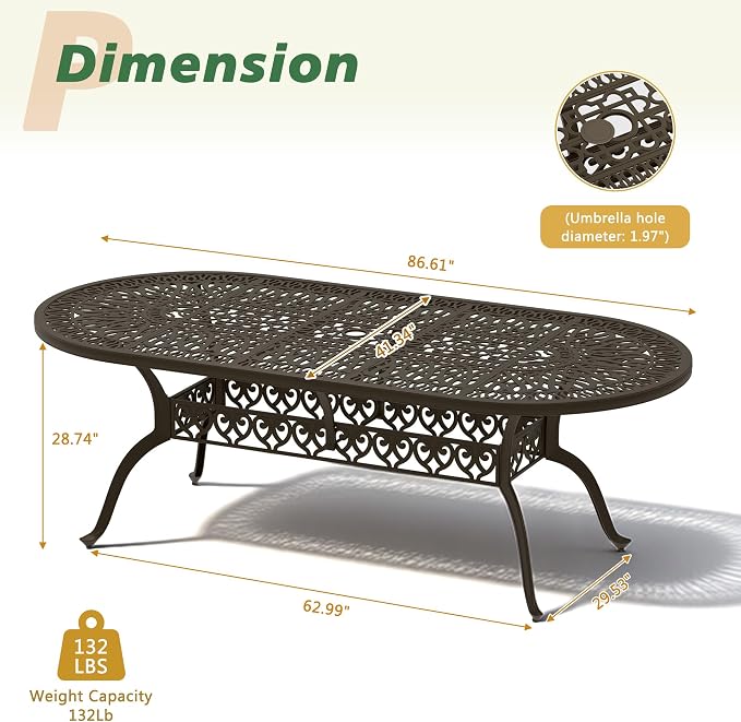 Patio Dining Table, 87" Outdoor Patio Table with Umbrella Hole Bronze Oval Cast Alluminum Patio Metal Dining Table, Outdoor Furniture for Backyard Lawn Balcony Deck