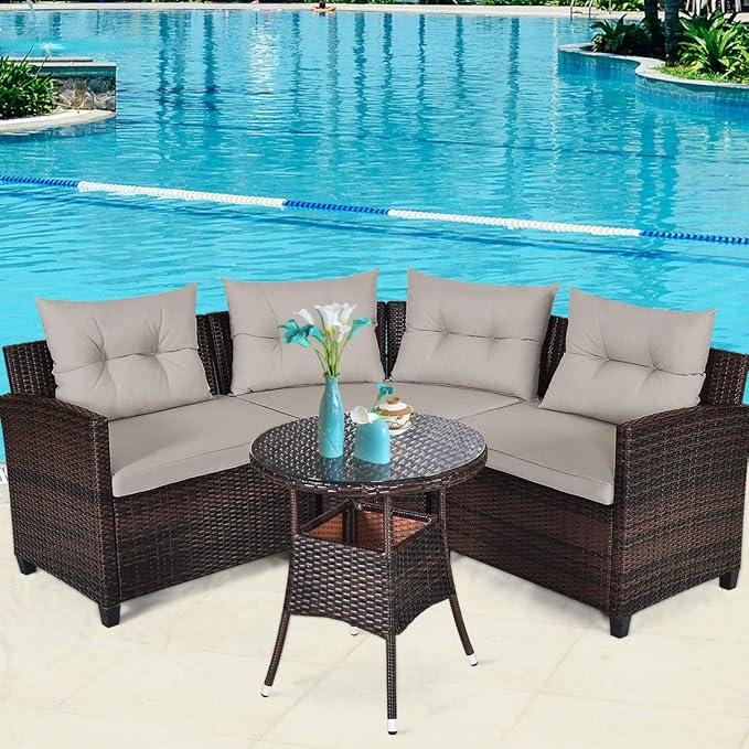 COSTWAY 4-Piece Patio Furniture Set, Wicker Rattan Sofa with Cushions and Coffee Table, Outdoor Sectional Conversation Sofa Set for Poolside Backyard Lawn Backyard (Grey)