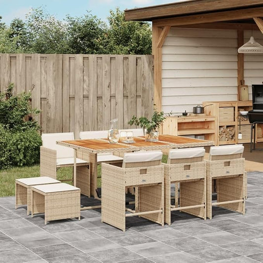 11 Piece Patio Dining Set with Cushions Beige Poly Rattan Outdoor Rattan Dining Table and 6 Chairs with 4 Stools for Garden Backyard Patio, Space-Saving Folding Chairs, Tabletop, Cream Cushions