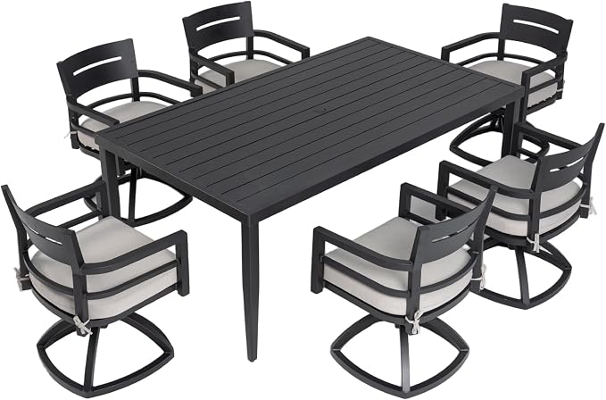 7-Piece Outdoor Patio Aluminum Furniture, 70” Rectangle Dining Table with Umbrella Hole and 6 Swivel Rockers Chairs, Modern Dining Set for Patio Backyard, Garden, Ember Black