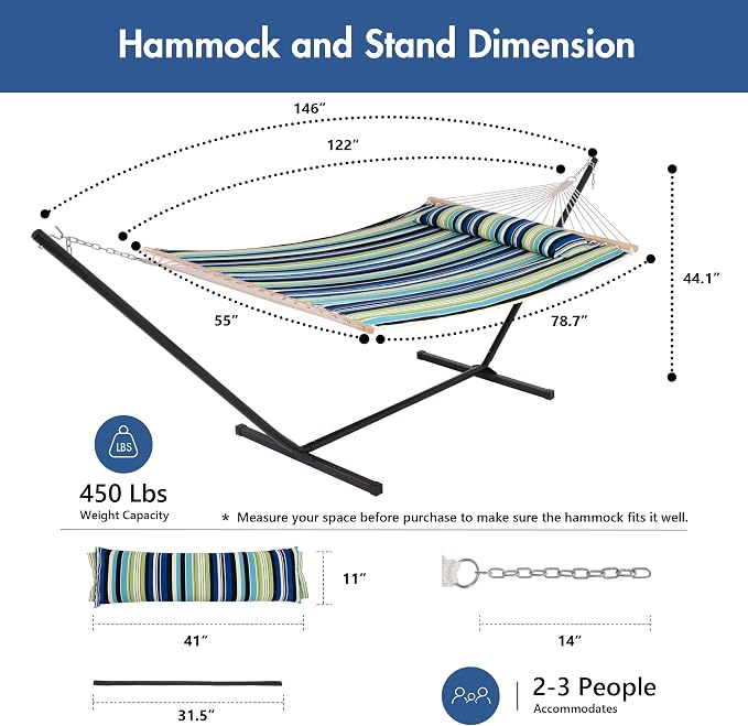 ANOW Double Hammock with Stand 12FT Included, Heavy Duty Hammock with Stand for Outside, 450 LBS Weight Capacity, Green & Blue Stripe