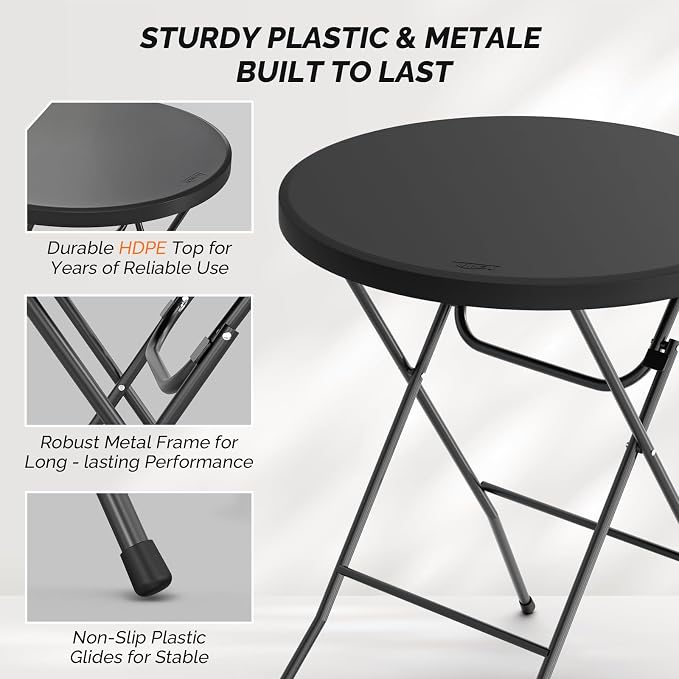 VINGLI 32" Plastic Folding Round Table Bar Height, HDPE Matrial with Gray Metal Finish, High Top Table for Outdoor Party, Cafes, Restaurants, Backyard, Dining Room, Wedding Event,1 Pack, Black