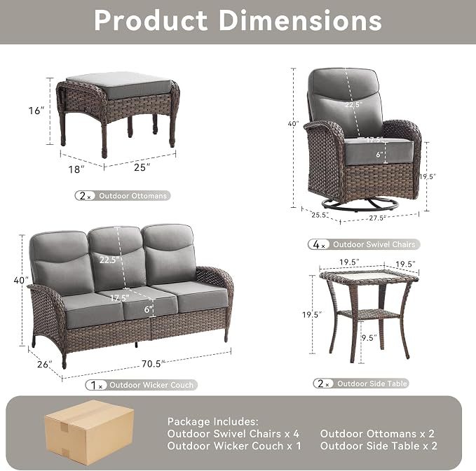 Luxury Outdoor Patio Furniture Set with 6-Inch Thick Cushions, 9 Pieces Wicker Outdoor Furniture with High Back Swivel Patio Chairs Set of 4, Outdoor Patio Conversation Set for Deck Garden, Gray