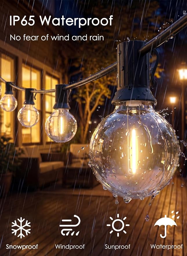 25FT G40 LED Globe Outdoor String Lights with 25 Plastic Shatterproof Bulbs | 2700K Warm White, IP65 Waterproof Hanging Connectable Globe Lights for Patio, Backyard, Bistro, Porch, Black Wire