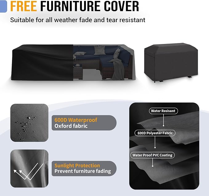 Outdoor Patio Furniture Set with 44" Fire Pit Table 8 Pieces Rattan Patio Sectional Sofa Conversation Set w/55000 BTU Propane Gas Fire Pit, Coffee Table, 2 Waterproof Covers, Khaki
