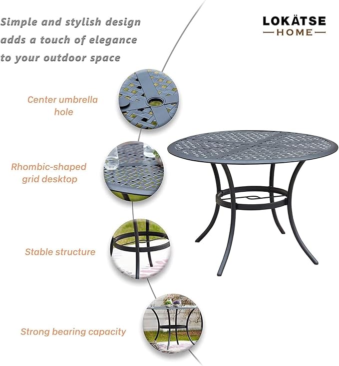 Garden Elements 5-Piece Outdoor Patio Dining Set – 42" Round Table with Umbrella Hole & 4 Armrest Chairs with Cushions – Weather-Resistant Steel, Black/Gray
