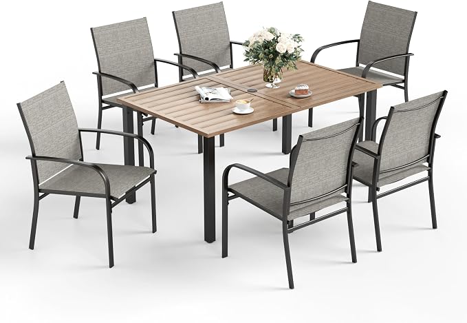 SUNSHINE VALLEY 7 PCS Patio Dining Set for 6, Rectangular Wood-Like Metal Table with Umbrella Hole and 6 Chairs, Outdoor Table and Chairs for Lawn Garden Backyard and Deck, Brown