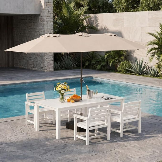 5-Piece Outdoor Dining Set with 15FT Umbrella for 4,White | 75.2'' HDPE table, chairs included, weather-resistant furniture with hole, ideal for lawn, poolside, yard, garden, deck