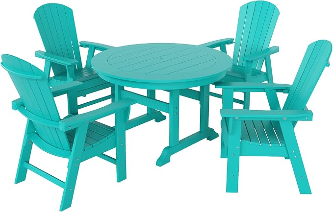 WestinTrends Dylan Adirondack Outdoor Dining Set for 4, All Weather Poly Lumber Patio Table and Chairs Set of 4, 47" Trestle Round Dining Table and Seashell Adirondack Dining Chair, Turquoise