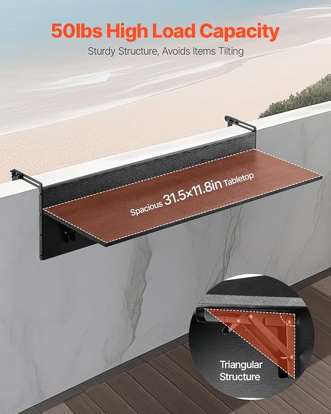 VEVOR Balcony Hanging Table, 31.5 x 12 inch Folding Balcony Railing Table, Outdoor Bar Table, 50 lbs Loading, Fit Railing from 1" to 4.3", Serving for Patio & Deck