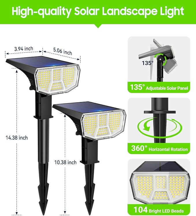 LETMY Solar Spot Lights Outdoor Waterproof IP65, 104 LEDs Outdoor Lights, 2-in-1 Auto On/Off Solar Powered Spotlights, Outdoor Solar Lights for Yard, Garden, Pathway & Wall, 4 Pack, Cool White