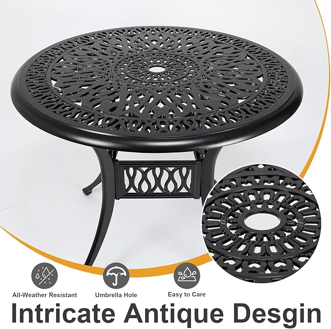 5 Piece Cast Aluminum Patio Dining Set, All Weather Outdoor Dining Furniture Set Includes 4 Chairs and 1 Round Table with Umbrella Hole for Garden,Deck, Balcony,Backyard, Black