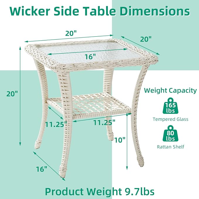 VIVIJASON Outdoor Wicker Side Table, All-Weather Rattan Patio Side Table Bistro Table with 2-Tier Storage, Tempered Glass Top Square End Table for Indoor, Balcony, Garden, Porch, Deck, Cream White