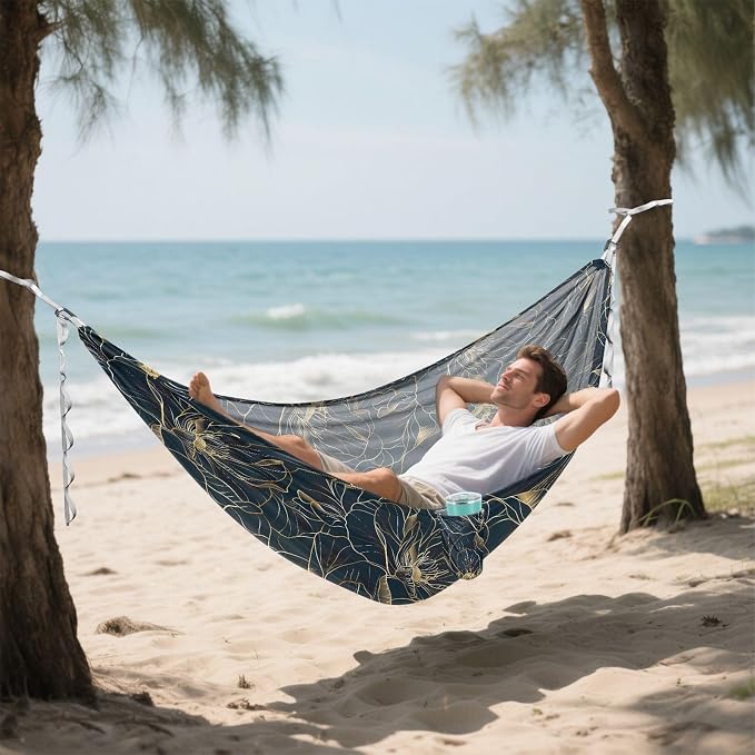 Camping Hammock Outdoor Hammocks for Outside Golden Flower Line Art Beach Trees Portable Lightweight with Pockets Tree Straps Indoor Small