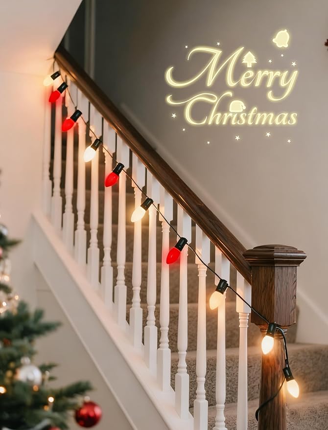 26Ft C7 LED Red and White Christmas Lights, Vintage Christmas Decorations with 27 LED Ceramic Bulbs, Connectable Hanging String Lights for Holiday Party Patio Roofline House Xmas Decor, Green Wire