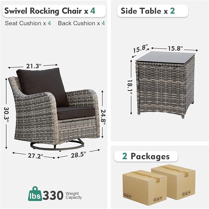 MEISSALIVVE Outdoor Patio Furniture Set with Swivel Chair, 6 Pieces Patio Conversation Set, Patio Sectional Furniture Set with 4 Swivel Rocker Patio Chair and 2 Side Table (Black)