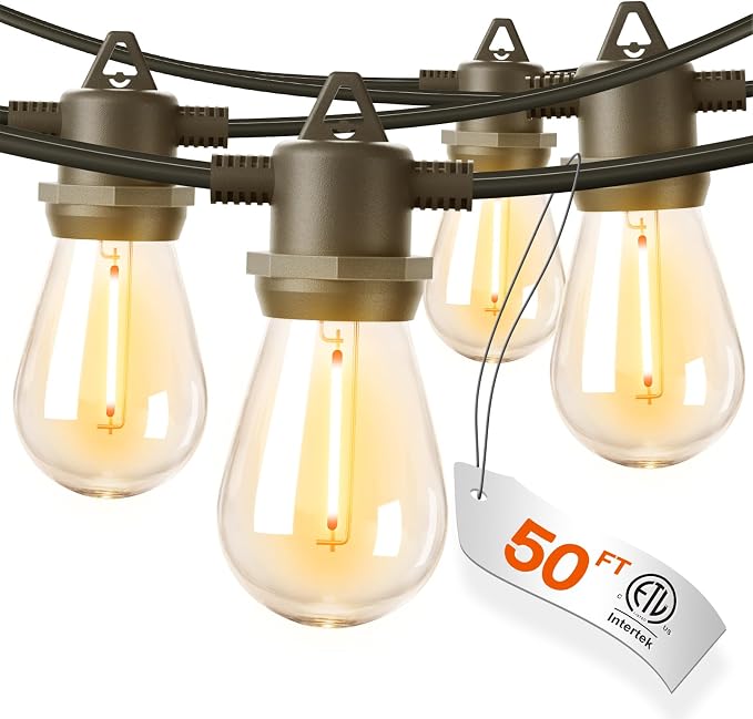 addlon 50FT Outdoor String Lights with 16 Edison LED Dimmable Waterproof | Shatterproof Energy-Saving Bulbs, Hanging for Outside Cafe Bistro Garden Balcony Porch Yard Gazebo Deck Connectable