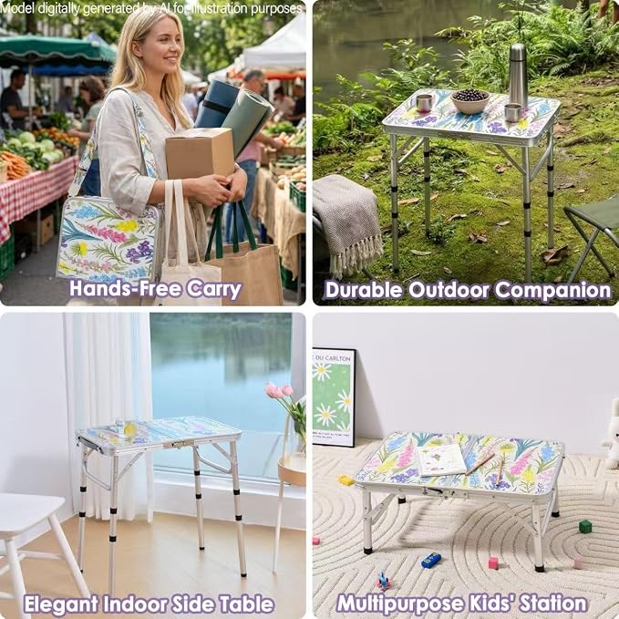Folding Camping Table 2ft Portable Picnic Table Adjustable Height, Small Lightweight Aluminum Foldable Card Table,Hands-Free Carry for Outdoor Camp BBQ Beach (Blooming Floral with Shoulder Strap)