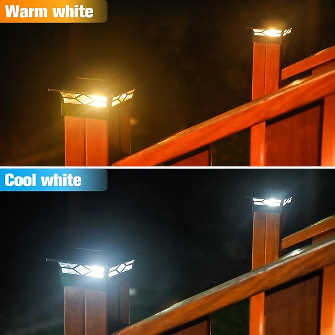 VOLISUN Solar Post Cap Lights: 2 - Pack Outdoor Deck Post Cap Lights Black for Dock Fence Waterproof 2 Color Modes,4x4/6x6 Wooden/Vinyl Posts