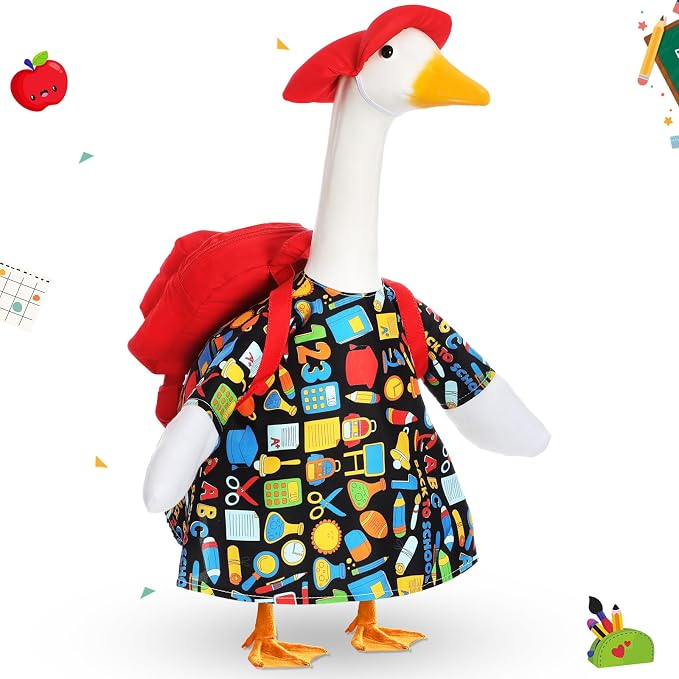FuWeave Back to School Porch Goose Outfit Set for Plastic Statue Lawn Porch Goose Clothes with Schoolbag for Patio Decor