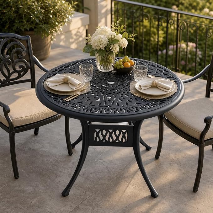 IRONORA 35 Inch Outdoor Dining Table Cast Aluminum, Patio Round Bistro Table with Umbrella Hole for Backyard, Garden, Patio, Porch, Poolside