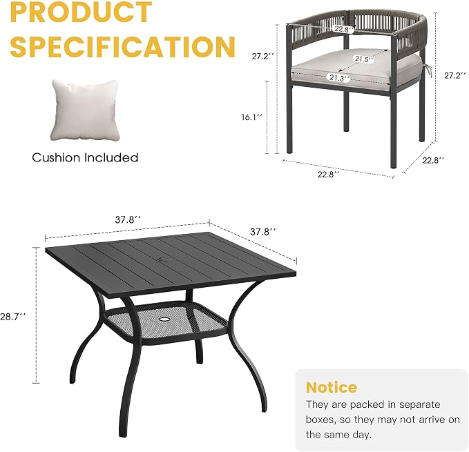 VICLLAX Patio Dining Set for 4-37.8" Square Table & Cushioned Seats, Black