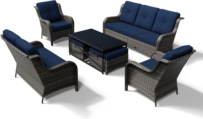 Joyside 7 Piece Wicker Patio Furniture Set, Rattan Patio Chairs with High Back, Deep Seating, Wide Armrest, Thickened Cushions, Outdoor Furniture for Deck, Porch Use