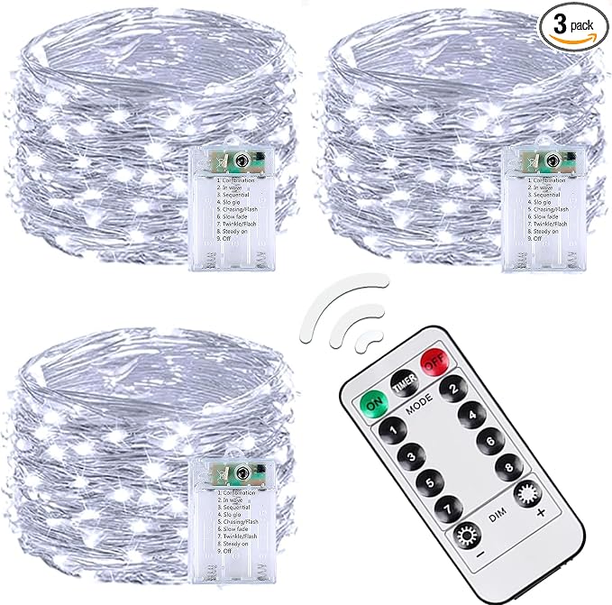 3 Pack 60 LED Fairy Lights Battery Operated with Remote, 20 FT Cool White | Cuttable, 8 Modes, Memory, Dimmable, Waterproof Battery String Lights with Timer for Indoor Outdoor, Christmas Decorations